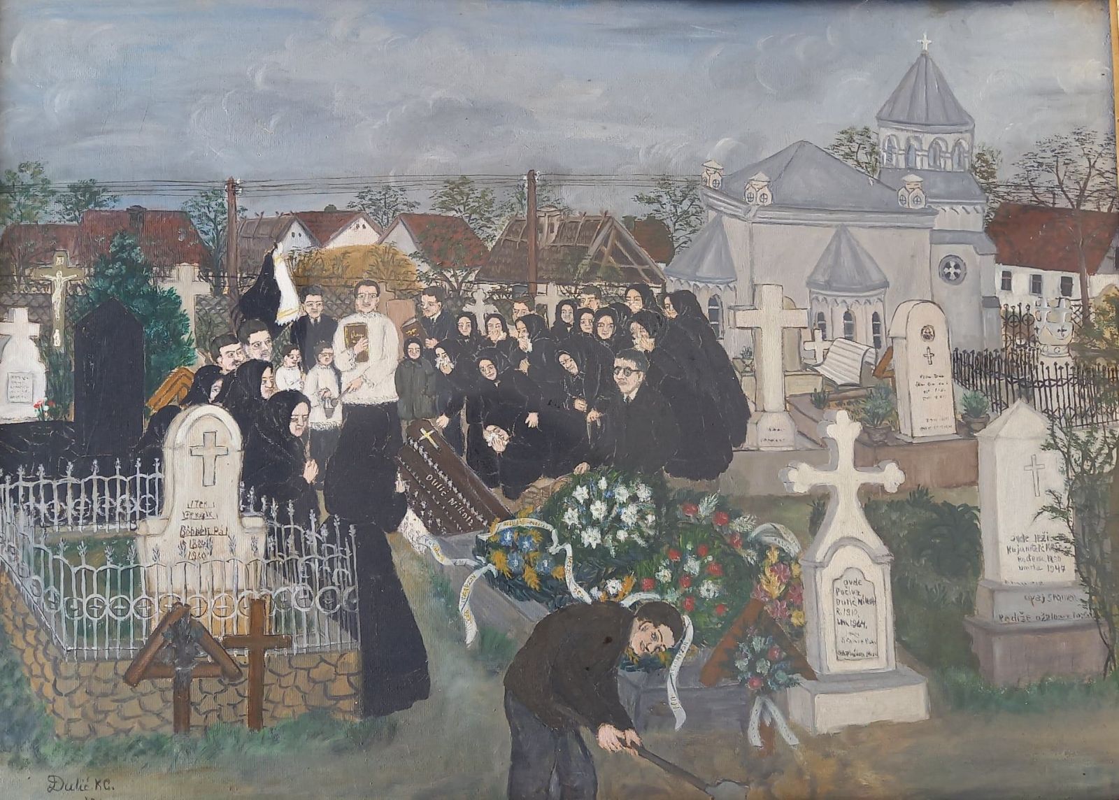 Cilika Dulić Kasiba, »Sahrana na groblju«, ulje na lezonitu, 1969.